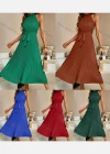 Wholesale Women's Casual Plain Ruched Pleated Midi Halter Dress With Belt - Liuhuamall