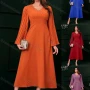 Wholesale Women's Casual Plain V Neck Swiss Dot Pleated Long Sleeve Maxi Dress preview