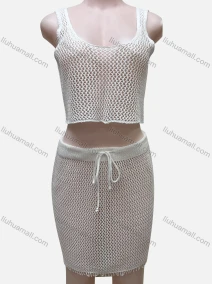 Wholesale Women's Vacation Plain Hollow Out Tank Crop Top & Drawstring Short Skirts Cover Up 2 Piece Set 80254#, LIUHUA CLOTHING WHOLESALE