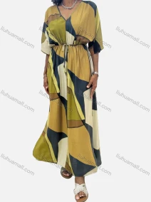 Wholesale Women's Casual Colorblock V Neck Ruched Drawstring Half Sleeve Woven Maxi Dress 2417#, LIUHUA CLOTHING WHOLESALE