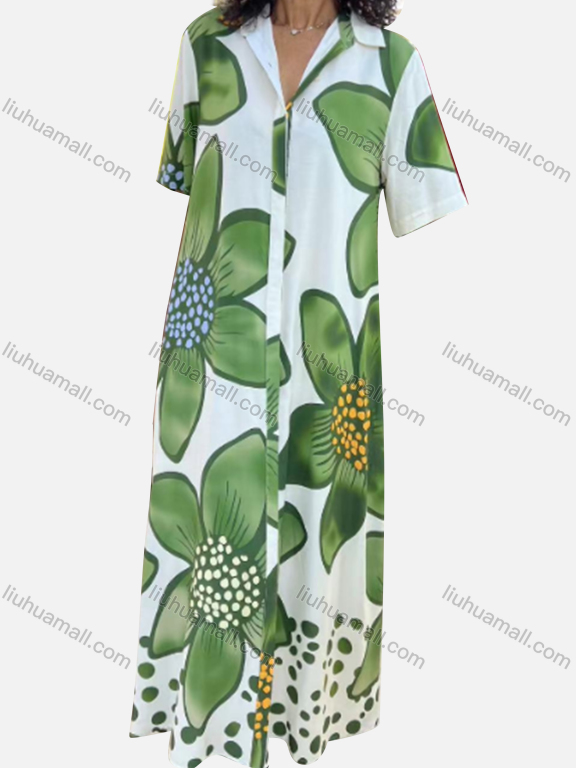 Wholesale Women's Casual Floral Collared Short Sleeve Button Down Woven Maxi Shirt Dress V033#