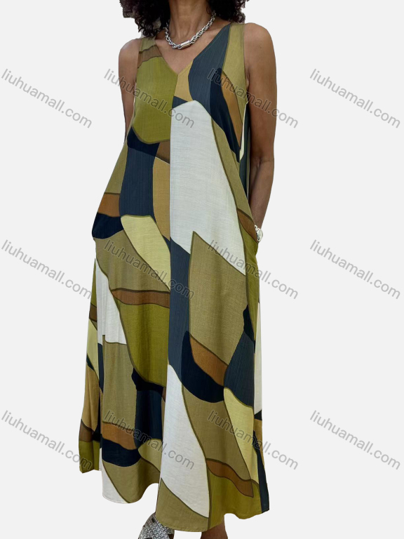 Wholesale Women's Casual Abstract Colorblock V Neck Patch Pocket Maxi Woven Tank Dress V5206#