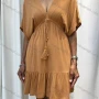 Wholesale Women's Casual Plain V Neck Half Sleeve Ruched Drawstring Ruffle Hem Woven Short Dress V5200# preview