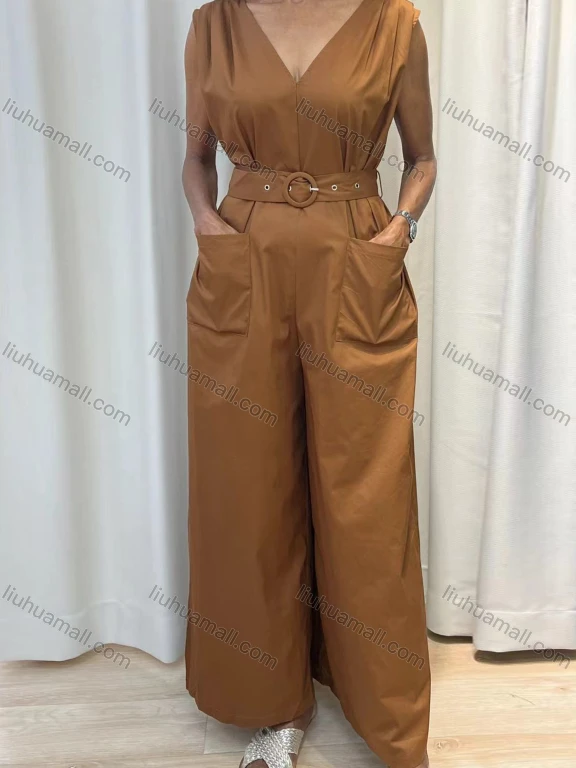 Wholesale Women's Casual Plain Pleated Double Pockets Wide Leg V Neck Tank Jumpsuit With Belt V5209#