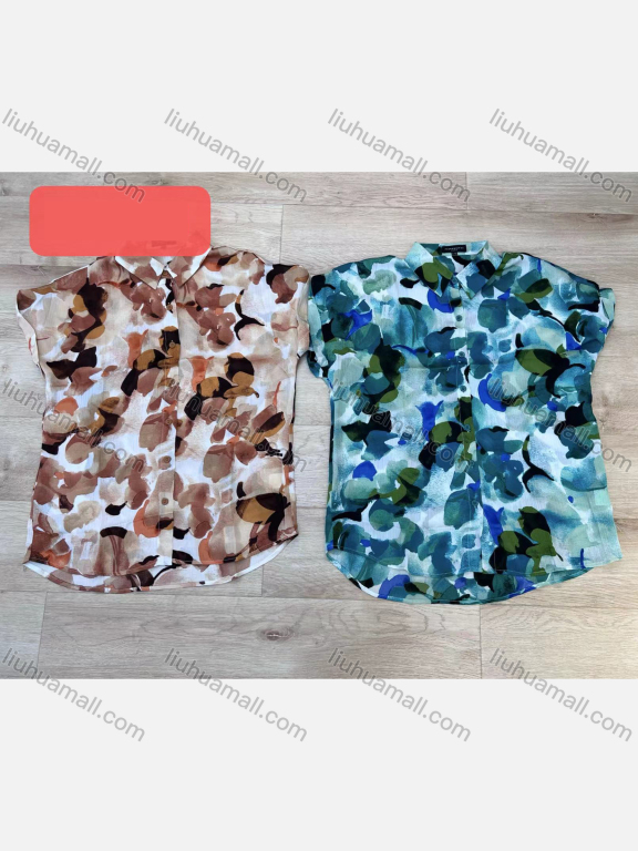 Wholesale Women's Casual Allover Abstract Print Button Down Rolled Sleeve Woven Shirt V003-1#