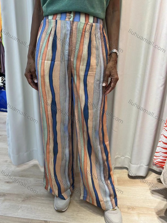 Wholesale Women's Casual Striped Colorblock Button Front High Waist Woven Wide Leg Pants K1593#