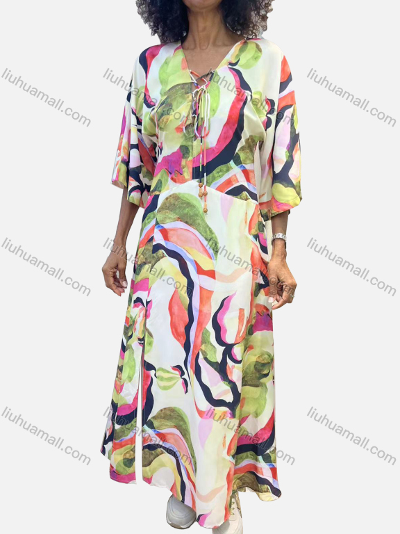 Wholesale Women's Casual Abstract V Neck Half Sleeve Tie Front Split Hem Woven Maxi Dress V5208#