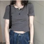 Wholesale Women's Casual Plain Button Front Short Sleeve Crop Tops 1041# preview