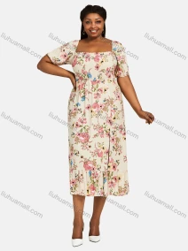 Wholesale Women's Square Neck Floral Print Split Thigh Midi Dress, LIUHUA CLOTHING WHOLESALE
