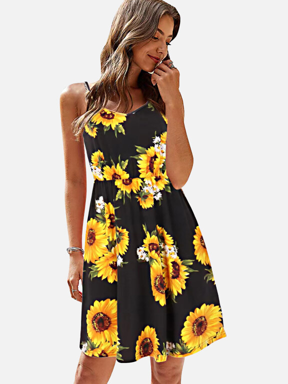 Women's Sunflower Print Knee Length Cami Dress, Clothing Wholesale Market -LIUHUA, Dresses