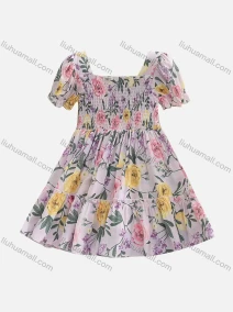 Wholesale Girls Shirred Flower Print Dress, LIUHUA CLOTHING WHOLESALE
