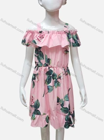 Wholesale Girls Cold Shoulder Ruffle Trim Leaf Print Cami Dress, LIUHUA CLOTHING WHOLESALE