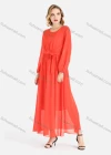 Wholesale Women's Casual Plain Guipure Lace Round Neck Chiffon Long Sleeve Maxi Dress With Belt - Liuhuamall