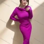 Wholesale Women's Cowl Neck Ribbed Long Sleeve Dress With Side Slit Elegant Casual Style 5009# preview