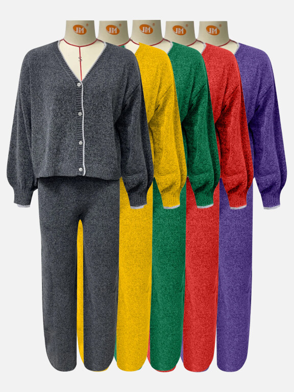 Women's Casual V Neck Button Down Plain Knit Cardigan 2-piece Set Y16664#, Clothing Wholesale Market -LIUHUA, WOMEN, Sets