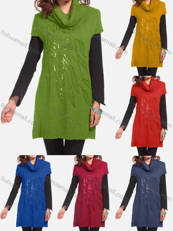 Wholesale Women's Casual Plain Turtleneck Beaded Sequin Knit Tunic 311#
