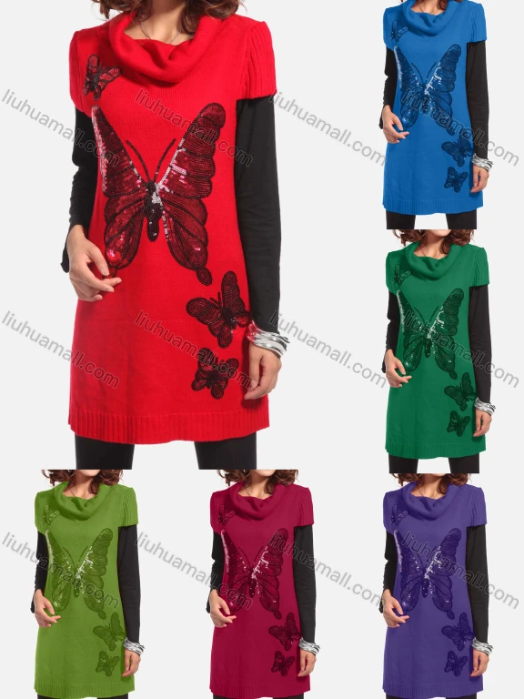 Wholesale Women's Casual Short Sleeve Turtleneck Butterfly Sequin Knit Tunic 337#