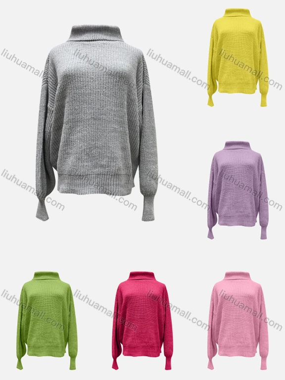 Wholesale Women's Casual Turtleneck Extra Long Sleeve Plain Rib Knit Sweater F2383#