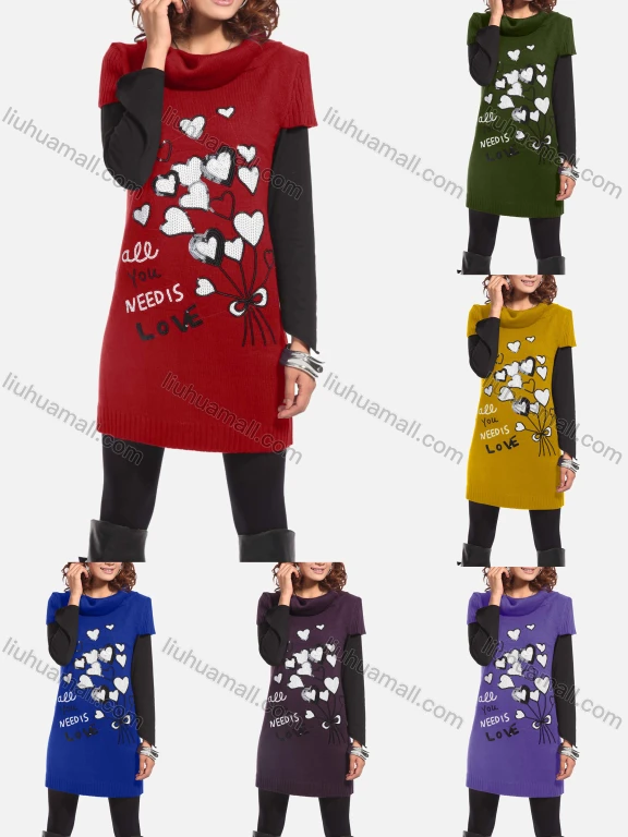Wholesale Women's Casual Short Sleeve Turtleneck Sequin Knit Tunic 336#