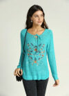 Wholesale Women's Casual Long Sleeve Floral Print Embroidered Lace Up Front Sweater - Liuhuamall