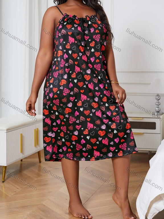 Wholesale Women's Milk Silk Allover Heart Print Drawstring Cami Lounge Midi Nightdress DM1120-03#