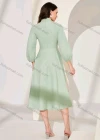 Wholesale Women's Casual Plain Mock Neck Cut Out Puff Sleeve Midi Dress - Liuhuamall