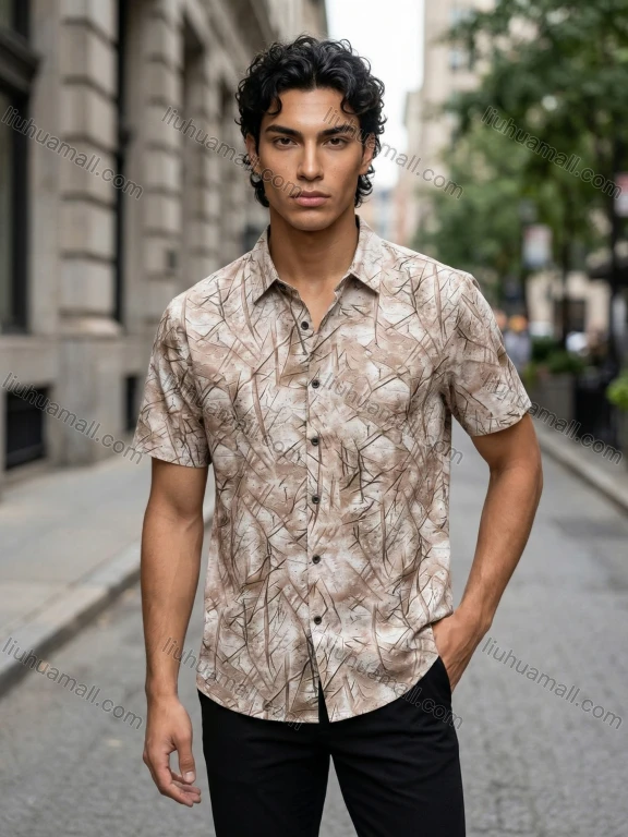 Wholesale In Stock Men's Slim - Fit Short - Sleeve Printed Shirt | Abstract Pattern Casual Dress Shirt for Men