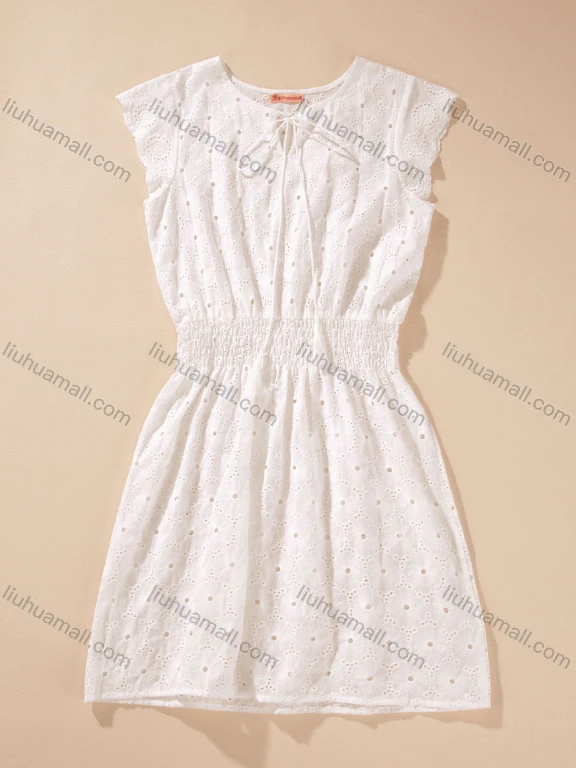 Wholesale Women's Casual Sleeveless Tie Neck Eyelet Embroidery Short Dress