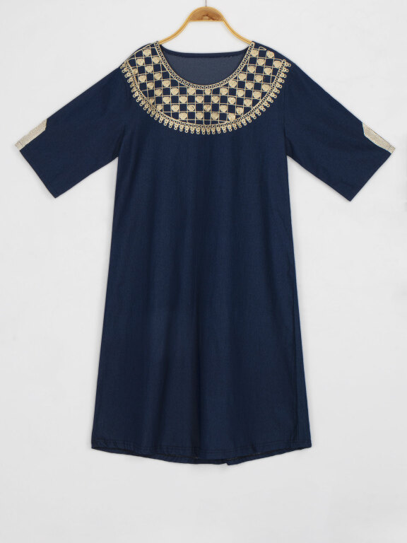 Women's Plus Size Casual Half Sleeve Crew Neck Embroidery Denim Midi Dress, Clothing Wholesale Market -LIUHUA, 