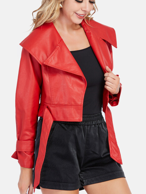 Women's Fashion Plain Crop Leather Jacket With Belt, Clothing Wholesale Market -LIUHUA, Jackets
