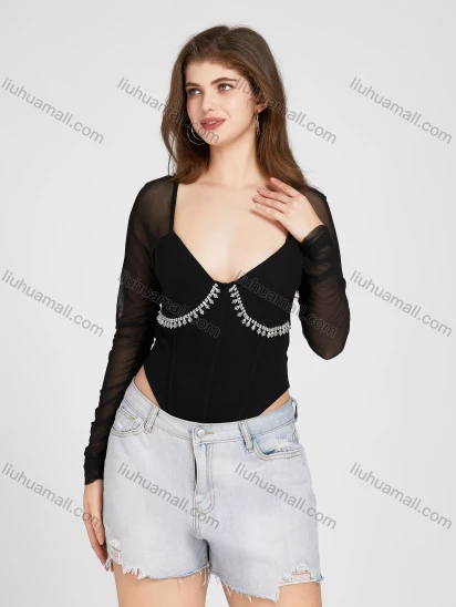 Wholesale Women's Casual Plain Rhinestone Splicing Sheer Mesh Long Sleeve Bodysuits X24165#