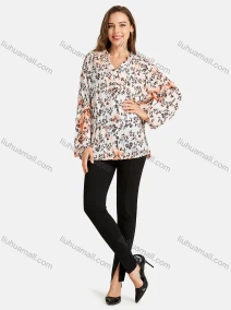 Wholesale Woman's Casual V Shirt Collar Long Sleeve Tie Dye Floral Print Tunic, LIUHUA CLOTHING WHOLESALE