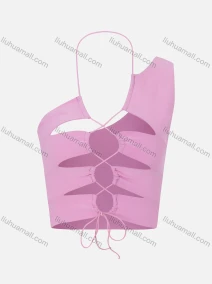 Wholesale Women's Sexy One Shoulder Halter Lace Up Cutout Front Plain Crop Tops, LIUHUA CLOTHING WHOLESALE
