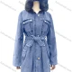 Wholesale Women's Hooded Fuzzy Buttons Flap Pockets Belted Mid Length Denim Coat Light Blue Clothing Wholesale Market Liuhua