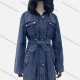 Wholesale Women's Hooded Fuzzy Buttons Flap Pockets Belted Mid Length Denim Coat Dark Blue Clothing Wholesale Market Liuhua