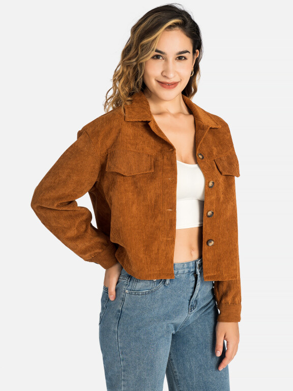 Women's Fashion Plain Long Sleeve Button Down Fake Pocket Crop Corduroy Jackets LS3016#, Clothing Wholesale Market -LIUHUA, Women, Women-s-Outerwear, Women-s-Coat