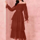 Women's Elegant Plain Off Shoulder Poet Sleeve Shirred Swiss Dot Layered Ruffle Hem Midi Cocktail Dress 17# Clothing Wholesale Market -LIUHUA