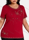 Wholesale Women's Elegant Round Neck Floral Embroidery Short Sleeve T-Shirt - Liuhuamall