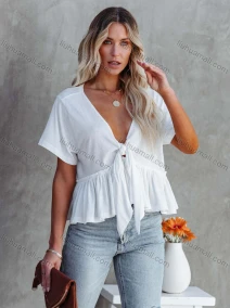 Wholesale Women's Casual Plain Deep V Neck Tie Front Short Sleeve Ruffle Hem Blouse, LIUHUA CLOTHING WHOLESALE
