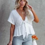 Wholesale Women's Casual Plain Deep V Neck Tie Front Short Sleeve Ruffle Hem Blouse preview