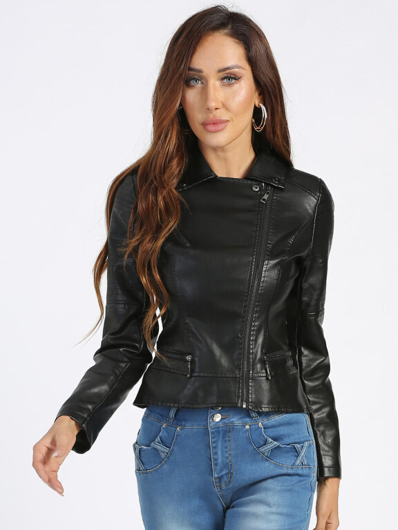 Women's Fashion Lapel Zipper Crop Leather Jacket, Clothing Wholesale Market -LIUHUA, Jackets