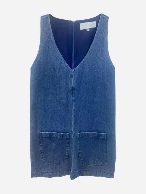 Women's Fashion Sleeveless V Neck Patch Pockets Denim Vest, Clothing Wholesale Market -LIUHUA, Denim