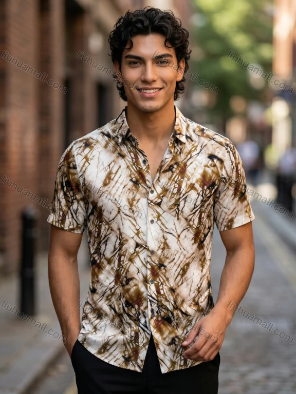 Wholesale 2026 Men's Slim Fit Short Sleeve Printed Shirt - Wholesale & In Stock, Abstract Artistic Pattern Casual Business Shirt