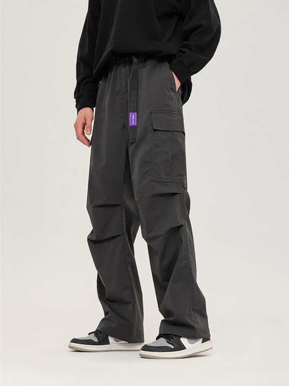 Men's Casual Multiple Pockets Pleated Plain Cargo Long Pant With Belt, Clothing Wholesale Market -LIUHUA, Men, Men-s-Bottoms