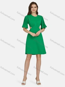 Wholesale Women's Plain Round Neck Lace Up Ruffle Half Sleeve Cut Out Backless Short Cocktail Dress N81027#, LIUHUA CLOTHING WHOLESALE