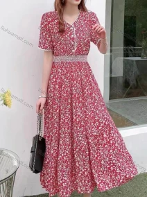 Wholesale Women's Casual Vintage V Neck Short Sleeve Floral Print Midi Dress, LIUHUA CLOTHING WHOLESALE