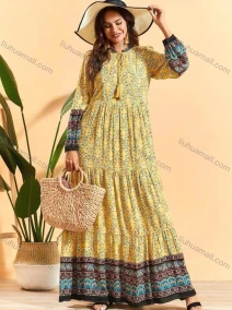 Wholesale Women's Boho Tie Neck Long Sleeve Splicing Print Maxi Dress, LIUHUA CLOTHING WHOLESALE
