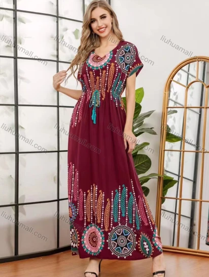 Wholesale Women's V Neck Short Sleeve High Waist Tribal Print Maxi Dress