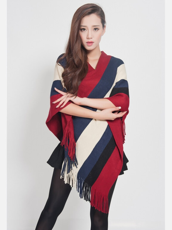 Women's Casual Striped Colorblock Scarf Hem V Neck Mid Length Cape, Clothing Wholesale Market -LIUHUA, 