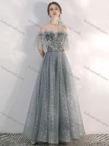Wholesale Women's Elegant Sequin Off Shoulder Lace Up High Waist Ruffle Trim Maxi Evening Dress, LIUHUA CLOTHING WHOLESALE